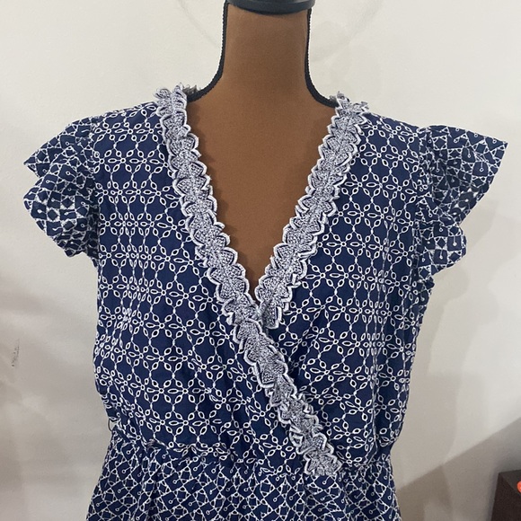 Express Printed navy and white Eyelet Lace Trim Faux Wrap Dress no belt size XL - Picture 6 of 15